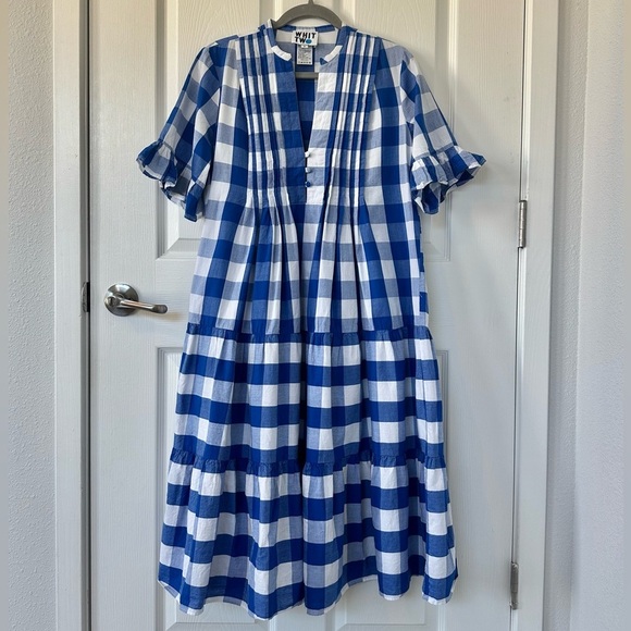 Anthropologie Whit Two Blue and White Pleated Puff Sleeve Gingham Dress - Picture 6 of 10